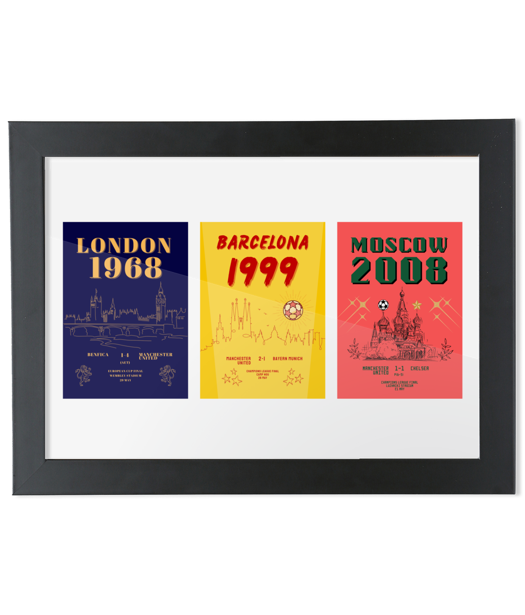 3 x Champions of Europe Manchester United - Framed A4 Art Print